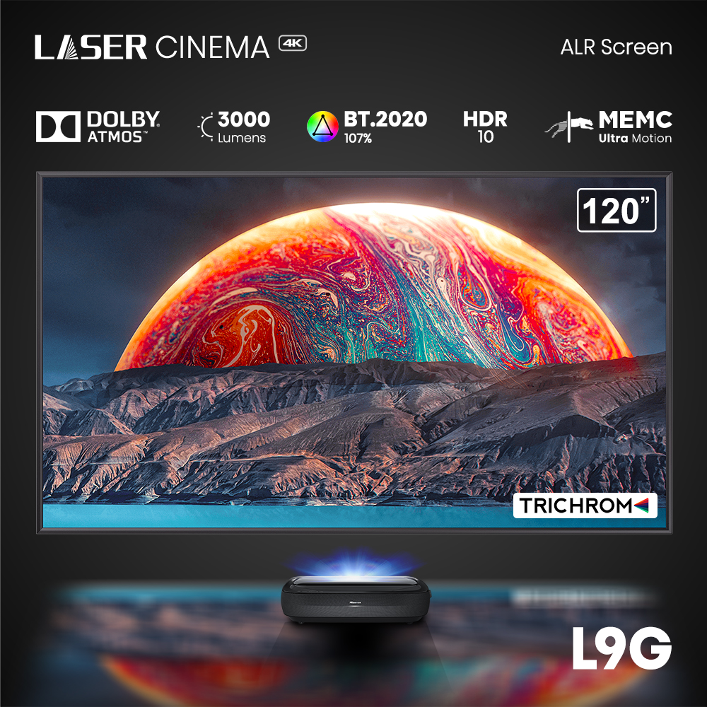 Hisense L9G 100" 120" 4K TriChroma Laser TV Cinema+ ALR screen | 3000 Lumens | BT.2020 107% | MEMC Ultra Motion | HDR 10 | Dolby Atmos | Ambient Light Rejection Screen | 4k Smart TV | Ultra Short Thro