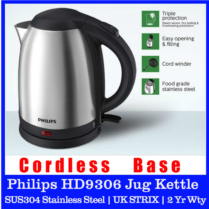Philips HD9306 Jug Kettle. Philips HD9306/03. 1.5 Litres Capacity. 1800 Watts Power. Cordless Base With Cord Winder. 75cm Power Cord.  One Touch Spring Lid. UK STRIX Thermostat. Safety Mark Approved. 