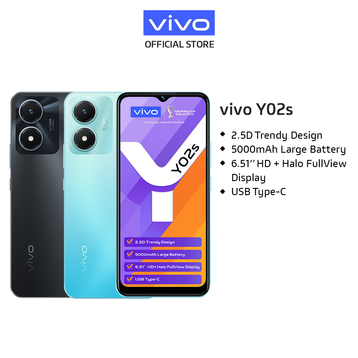 vivo Y02s  [3GB + 32GB] 5000mAH Battery + 18W / 6.1" HD + Halo Full View / 2.5D Trendy Design