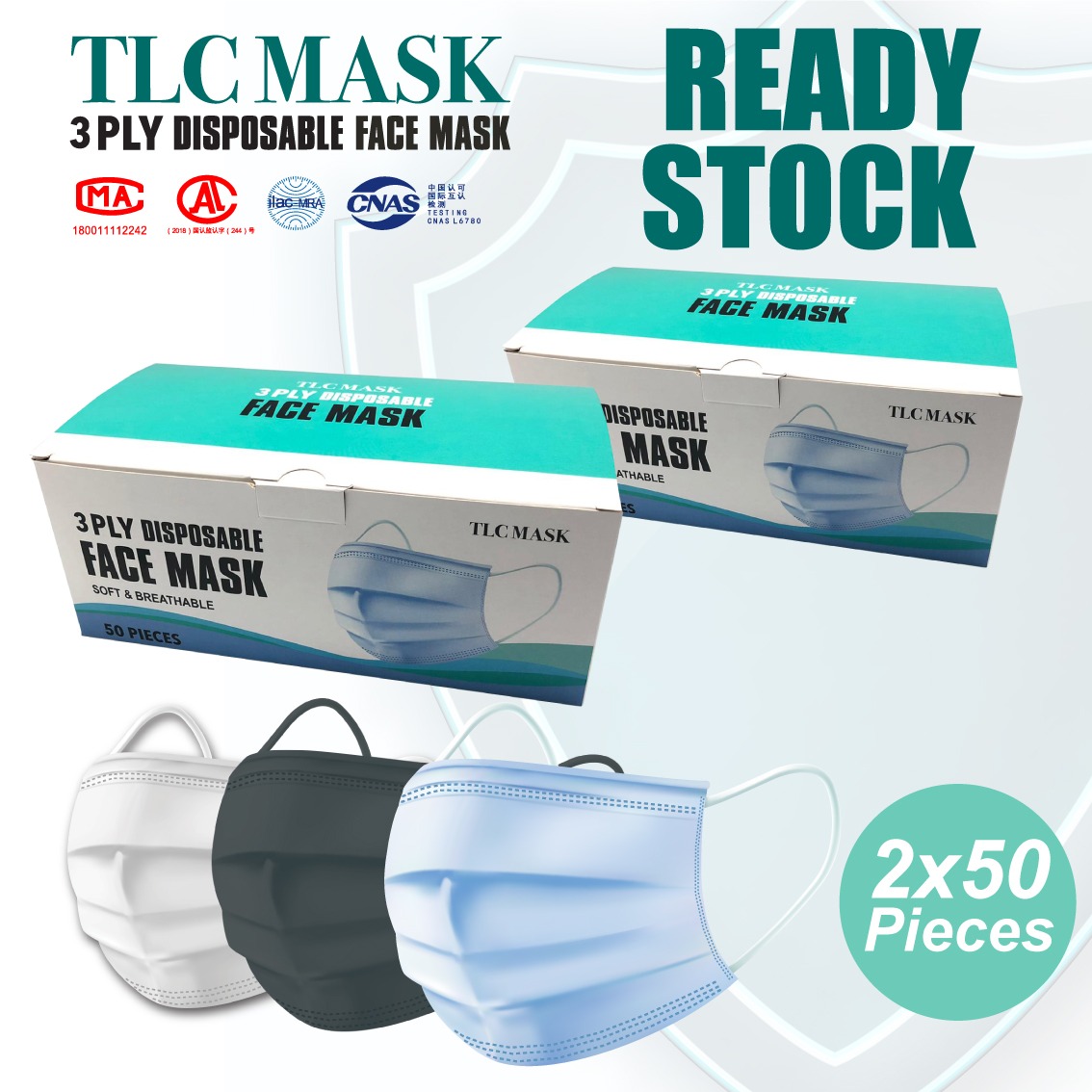 ## READY STOCK ## 2  Boxes of Disposable 3 Ply Face Mask BFE 95% 50 Pieces per Box