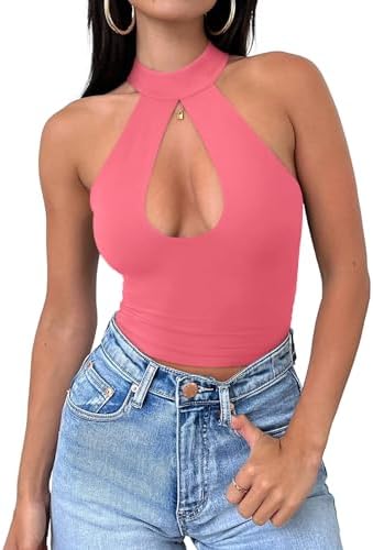 REORIA Women&#39;s Sexy Criss Cross Halter Neck Crop Tops Trendy Sleeveless Y2K Nightout Clubwear Going Out Tops