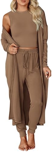 KIRUNDO 3 Piece Lounge Sets for Women Airport Travel Vacation Outfits 2025 Fall Cardigan Matching Sleeveless Top Jogger Pants
