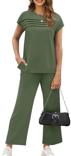 Business Casual Outfits for Women 2 Piece Sets Crew Neck Tracksuit Summer Loungewear Womens Lounge Set Vacation Outfits High Waist Wide Leg Pants Comfy Workout Sets for Women Clothing Rock Green L