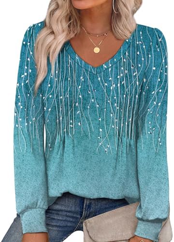Alaroo Womens Long Sleeve Shirts Pleated V Neck Curved Hem Fall Winter Tunic Tops Blouses Print