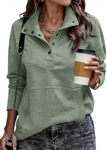 SHEWIN Women&#39;s Casual Long Sleeve Stand Neck Sweatshirt Lightweight Button Drawstring Pullover Tops