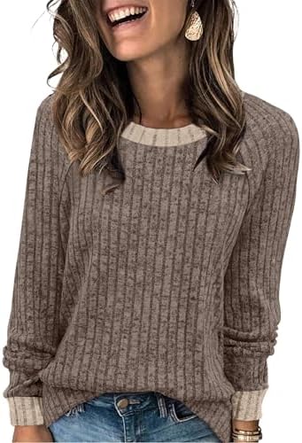 WIHOLL Long Sleeve Shirts for Women Lightweight Sweaters Fall Outfits 2025 Color Block Winter Clothing Dressy Casual Soft