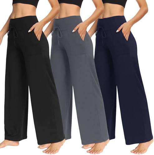 TNNZEET 3 Pack Women&#39;s Wide Leg Pants with Pockets - Casual Loose Yoga Trouser Pants Sweatpants Palazzo Lounge Pajama Pants