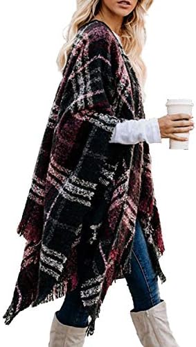 Bestshe Women&#39;s Boho Open Front Poncho Knitted Plaid Shawl Wrap Cape Tassel Cardigan Sweater