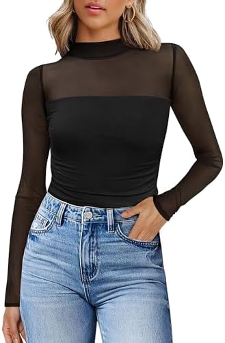 Womens Sexy Mesh Long Sleeve Shirts Fashion Clothing Turtle Necks Sheer Ruched Going Out Tops Fall Outfits Slim Fit Blouses