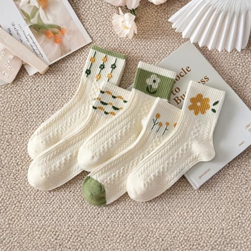 5 Pairs Womens Ankle Socks Cute Casual Breathable Cable Knit Floral Vintage Crew Socks