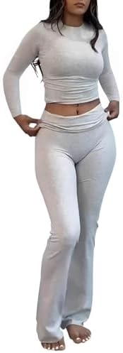 AYWA Women&#39;s 2 Piece Outfits Foldover Flare Pants Long Sleeve Crew Neck T-shirt Fitted Pajama Sets