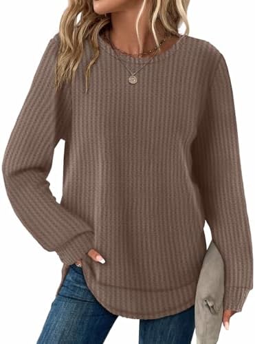 WIHOLL Tunic Tops for Women Loose Fit Dressy Waffle Knit Long Sleeve Shirts Trendy Fall Fashion Crewneck Sweaters Curved Hem