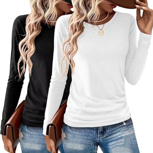 Gihgoew 2 Pack Womens Tops Crewneck Soft Long Sleeve Shirts Fall Clothes Casual Tshirts Basic Tee
