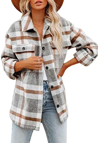Beaully Women&#39;s Flannel Plaid Shacket 2025 Fall Outfits Long Sleeve Button Down Shirts Jacket Coats with Side Pockets
