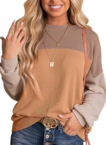 Dokotoo Womens Tops Fashion 2025 Color Block Long Sleeve Shirts Crewneck Knitted Casual Loose Pullover Blouses