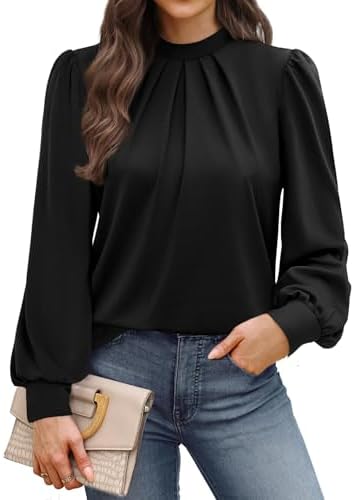 WIHOLL Long Sleeve Shirts for Women Mock Neck Tops Pleated Front Blouses Dressy Casual Fall Clothes 2025 Fashion
