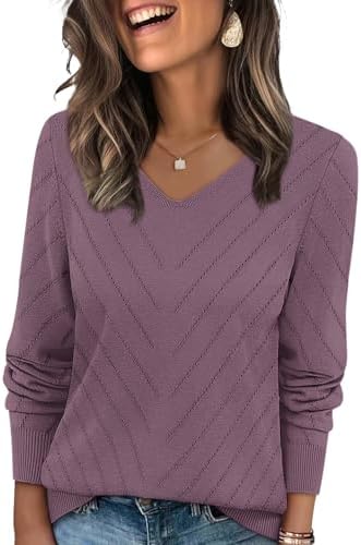 WIHOLL Sweaters for Women V Neck Casual Knit Long Sleeve Tops Lightweight Pullover Clothes Fall Fashion Outfits 2025
