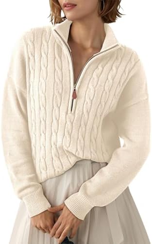 Dokotoo Women&#39;s Sweaters 2025 Fall Winter Quarter Zip Casual Ribbed Cable Knit Pullover