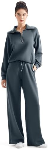 SUUKSESS Women 2 Piece Lounge Matching Set Wide Leg Sweatpant Half Zip Sweatshirt
