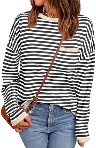 LILLUSORY Womens Striped Soft Knit Pullover Sweater Loose Fit Shirts with Chest Pocket