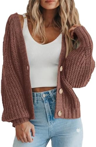 PRETTYGARDEN Women&#39;s Chunky Knit Open Front Sweater Long Sleeve Button Loose Short Cardigan Outerwear Coats