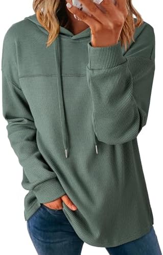 Dokotoo Womens Hoodies Casual Waffle Knit Long Sleeve Drawstring Pullover Sweatshirts Lightweight Hooded Tops