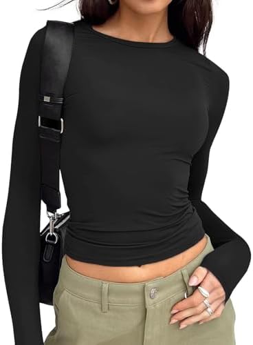 Trendy Queen Womens Long Sleeve T Shirts Fall Fashion 2025 Basic Crop Tops Going Out Outfits Y2k Clothes