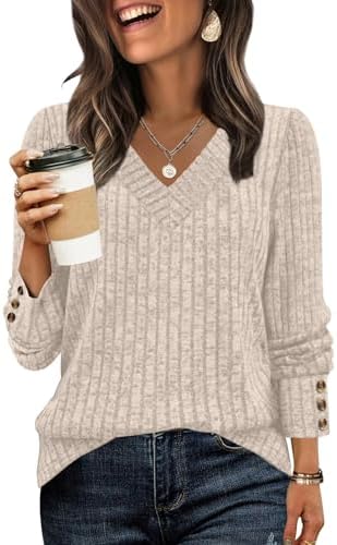 WIHOLL V Neck Long Sleeve Shirts for Women with Bottons Casual Fall Outfits Lightweight Tunic Sweaters Fashion Clothes 2025