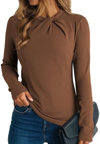 Dokotoo Womens Tops Business Casual Outfits Long Sleeve Shirts Mock Neck Twist Knot Slim Fit Soft Stretch Tees Blouses